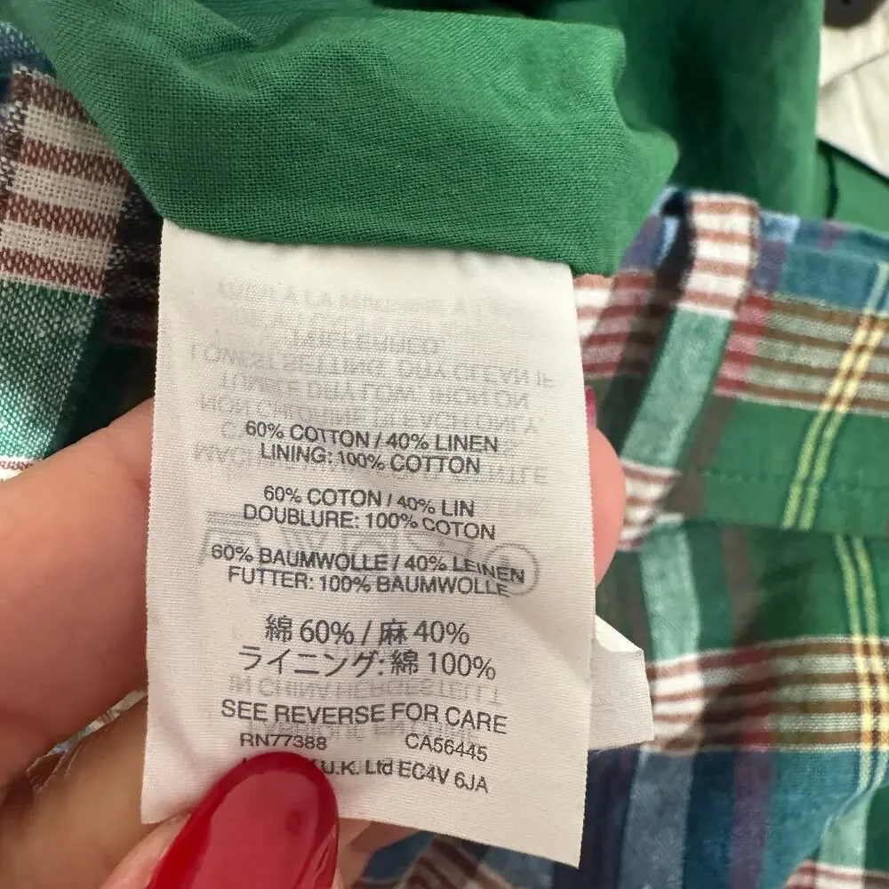J.Crew Womens Green White Red Plaid Pleated Belted Dress Shorts Size 2 XS